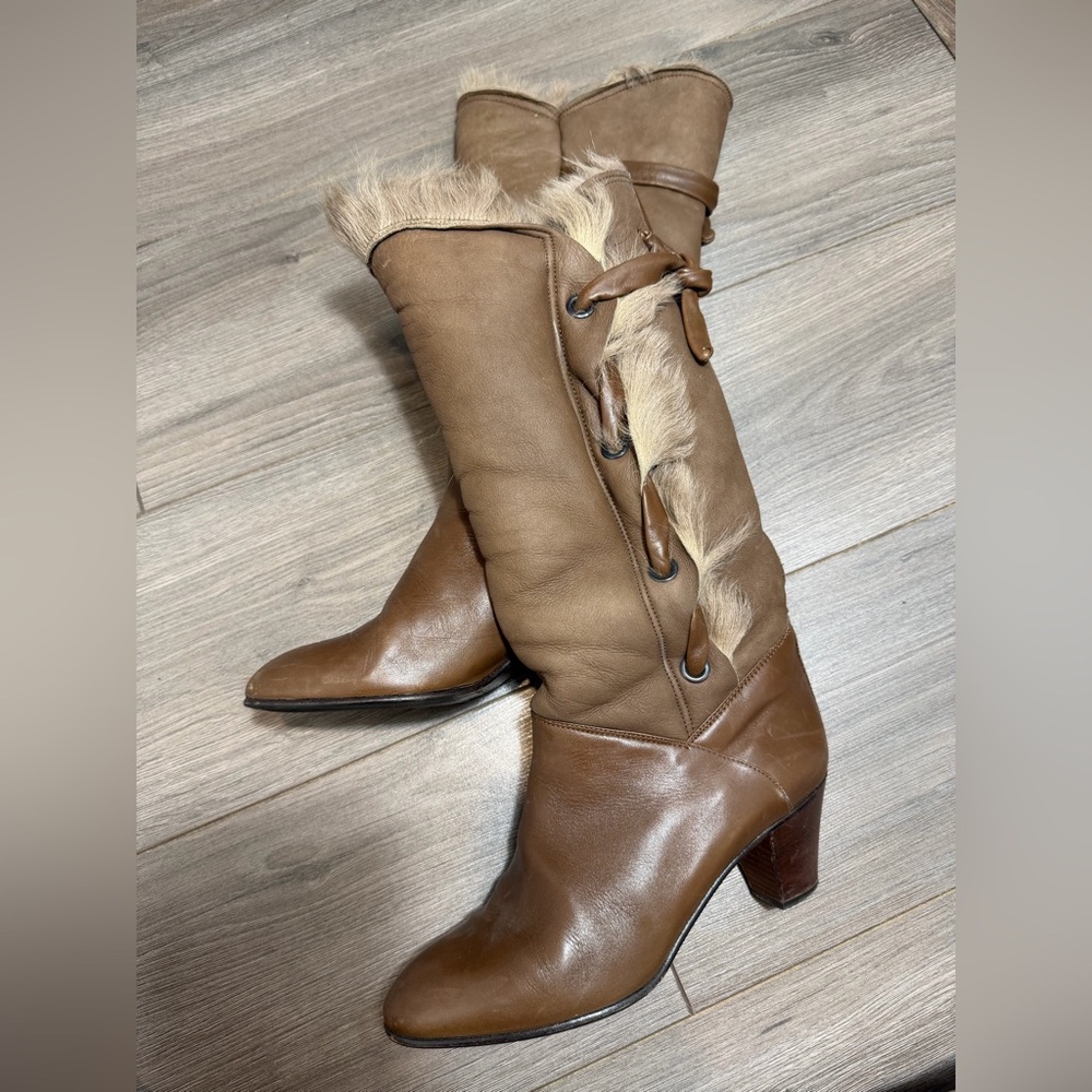 CREAZIONI MAGNANI vintage Women's Brown Leather Mid-Calf Fur-Trim Boots